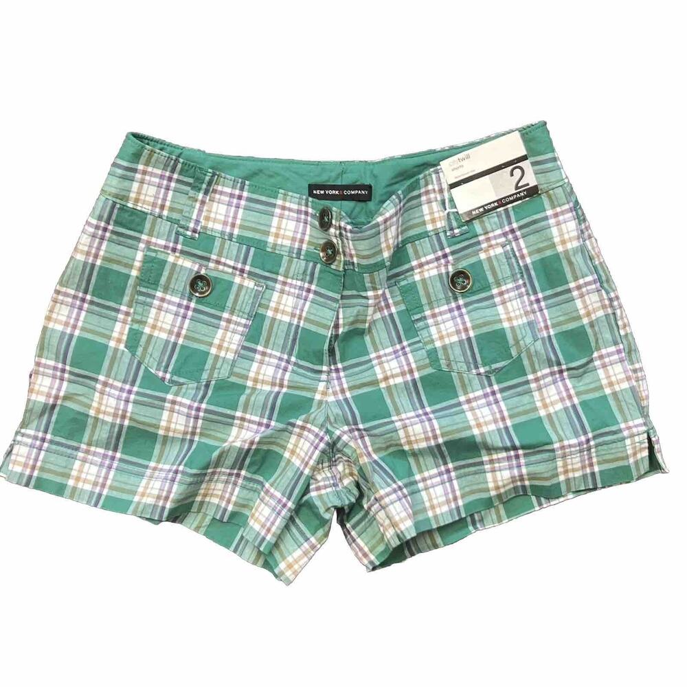 NWT New York and Company City Twill Green & Purple Plaid Women Short SZ 2